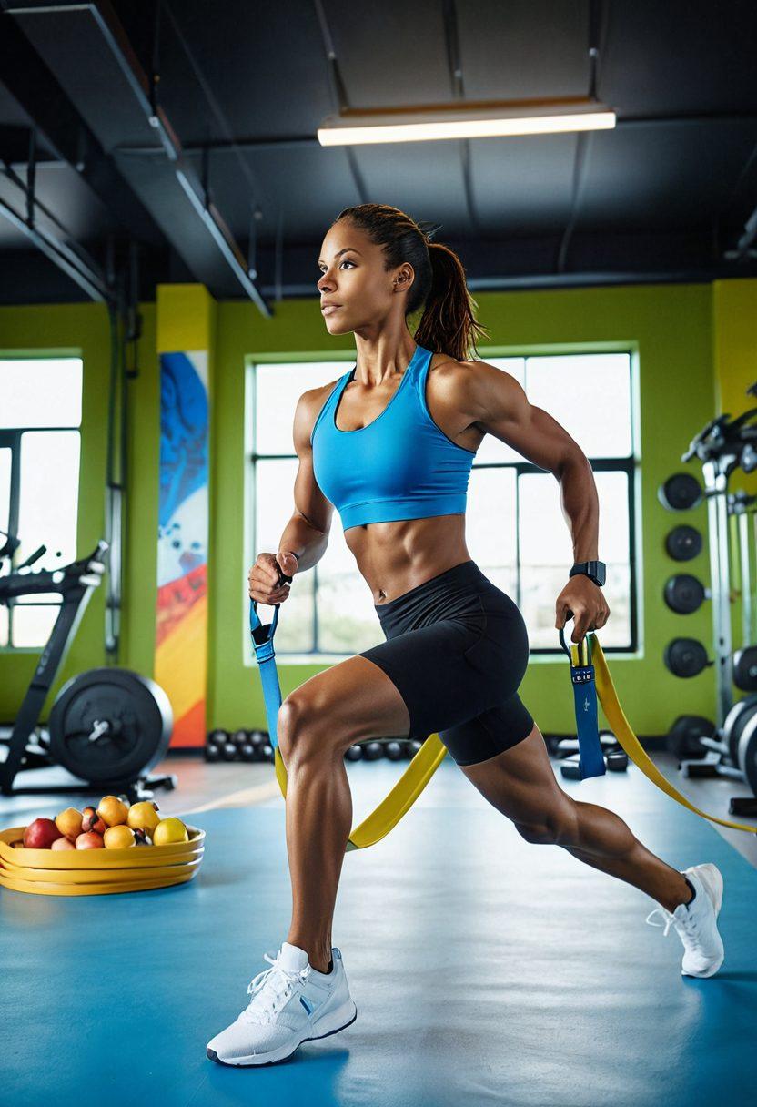 A dynamic sports scene illustrating an athlete in action, surrounded by a visual blend of training equipment like weights and resistance bands, alongside a table filled with nutritious foods like fruits, nuts, and colorful smoothies. The background should fade into a serene landscape, symbolizing balance and wellness. Emphasize vibrant colors and an energetic atmosphere to convey the concept of holistic health in sports. super-realistic. vibrant colors. bold contrasts.