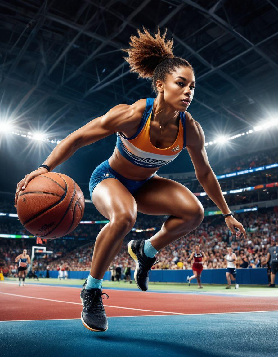 A dynamic scene featuring diverse athletes in action: a runner sprinting on a track, a weightlifter performing a clean and jerk, and a basketball player making a slam dunk. The background includes a modern gym and a stadium, with vibrant energy and motivation radiating from the athletes. The image conveys movement, strength, and determination. super-realistic. vibrant colors. sports theme.