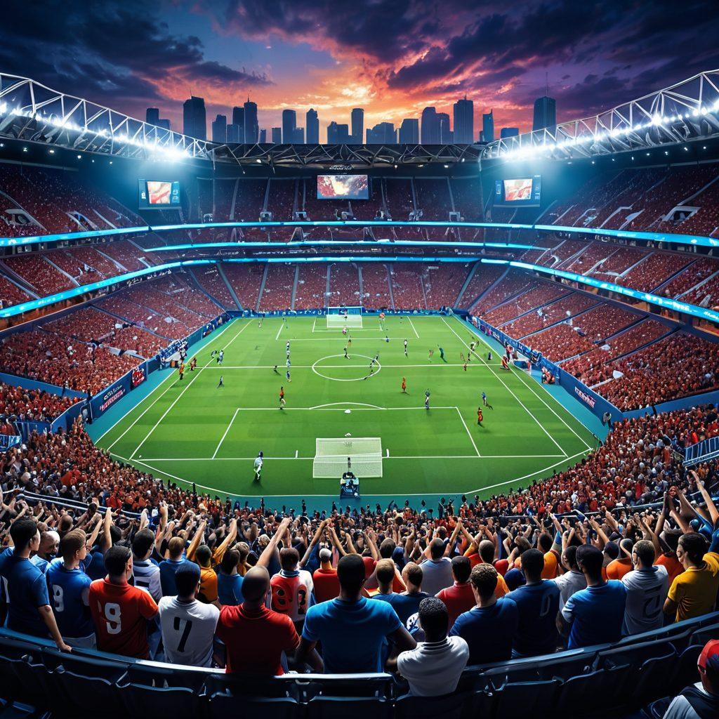 A dynamic sports landscape showcasing diverse athletes in action, capturing intense moments from various sports like soccer, basketball, and tennis. Include visual elements of fan engagement, digital updates like notifications or social media trends, and a vibrant, energetic atmosphere. The background should feature iconic sports venues to emphasize culture. super-realistic. vibrant colors. 3D.